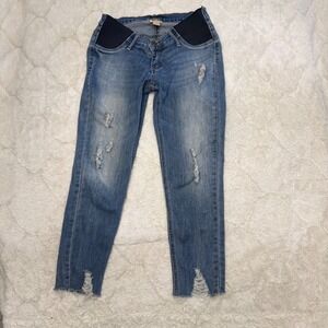 Indigo Blue Maternity Jeans XS Distressed Skinny Side Panel Raw Hem Stretch Blue
